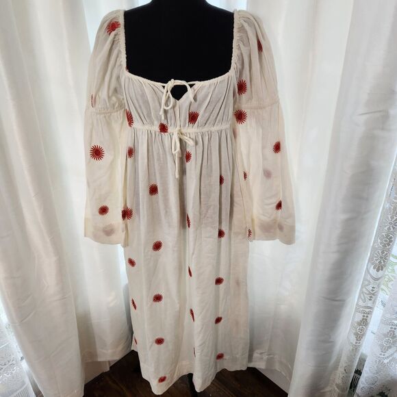Free People Dresses & Skirts - NEW FREE PEOPLE Emory Embroidered Midi Dress Square Neck Tie Front Ivory S Linen